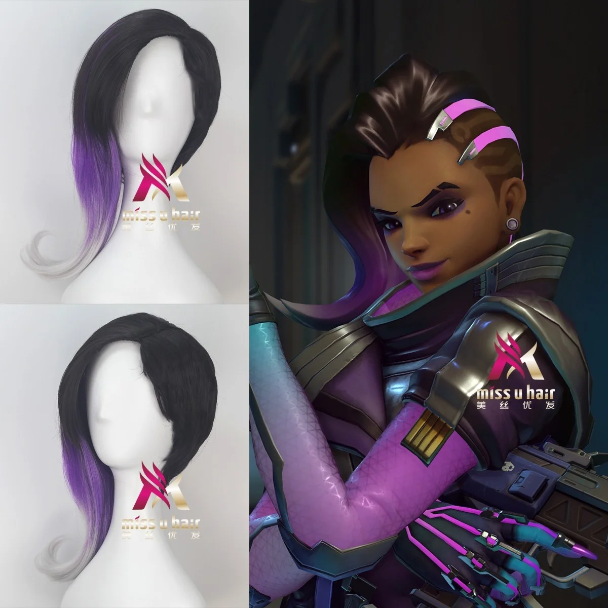 Overwatch Medium Length Three-color gradient wig for Woman Daily Cosplay Sombra  Wig Synthetic Hair