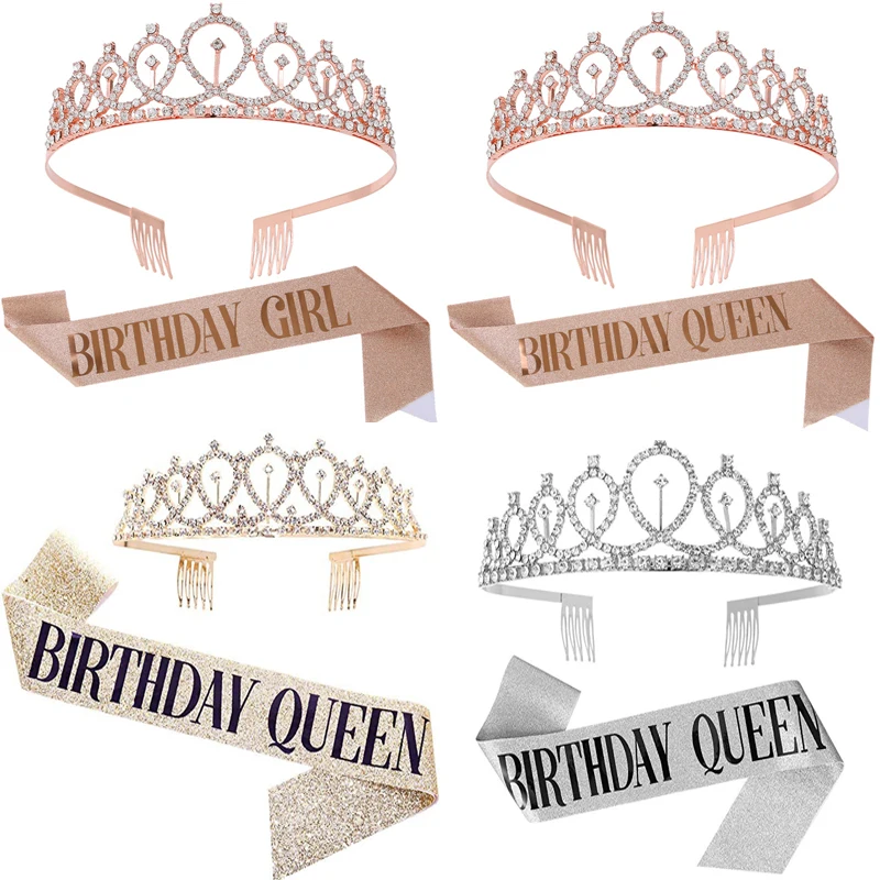 

Королева на день рождения, атласный пояс, украшенный стразами, Хрустальная корона, украшение на день рождения, юбилей, с днем рождения 18, 21, 30, 40, 50