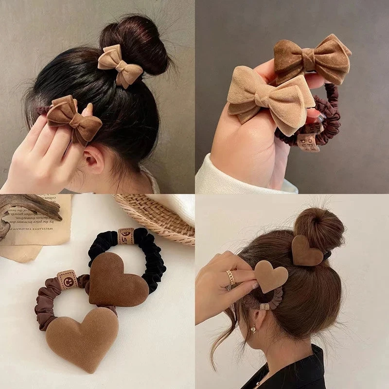 

Fashion Women New Hairbands Khaki Bow Knot Coffee Heart Plush Sweet Hair Tie Rubber Bands Scrunchie Hair Rope Ladies All-match