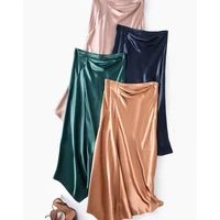 summer silk midi skirt womens korean style satin office lady simple elegant faldas mujer moda loose long skirts women e25