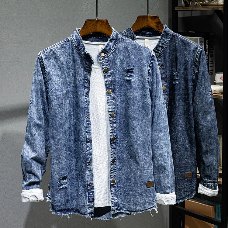 

2022 Men's Autumn New Retro Stand Collar Denim Shirt Ripped Special Shirt