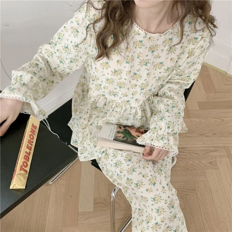 QWEEK Cotton Women's Nightwear Korean Sleepwear Floral Print Pajamas Lace Pijama 2 Piece Set Pyjamas Long Sleeve Suit Homewear