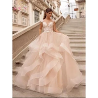 champagne tulle ivory lace appliques evening dresses 2022 ball gown ruffles sheer neck cap sleeves