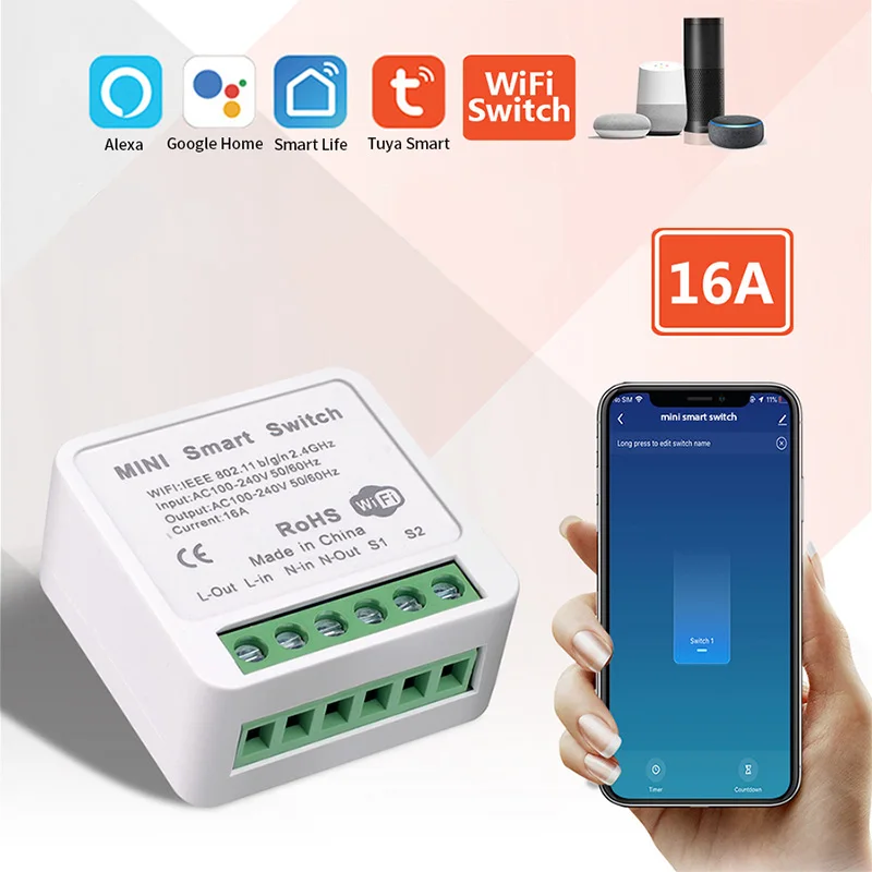 

16A Tuya Wifi 220v Smart Switch Google 2way Mini DIY Switches Wireless Control Electrical Equipment Refit Switch Alexa Google