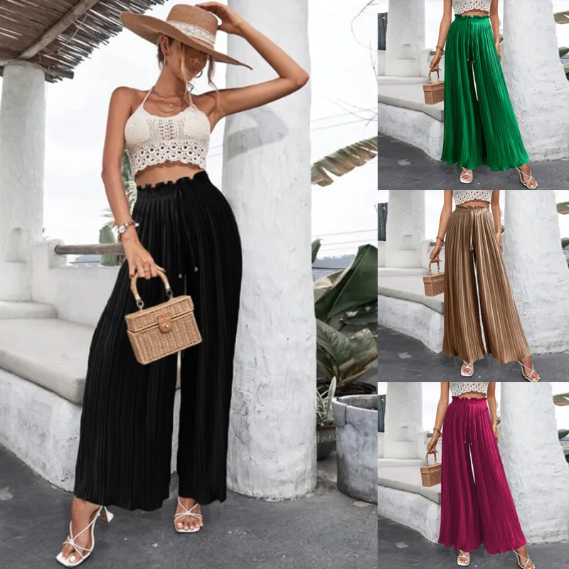 

Women Fashion High Waist Ruffles Wide Leg Long Pants Ladies Solid Color Pleated Loose Trousers Casual Simple Elegant Bottoms