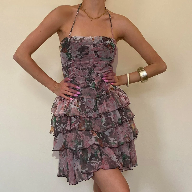 

Chiffon Neck-mounted Balloon Dress Vintage Ruched Floral Print Sleeveless Party Short Dresses Backless Chic Clothes