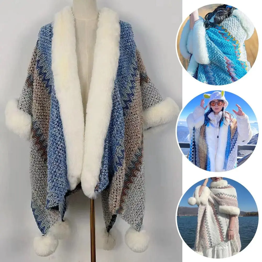 

Зимнее теплое монгольское пончо в этническом стиле, искусственная шерсть, плюшевые вязаные повязки, полосатая вязаная накидка, женская мода