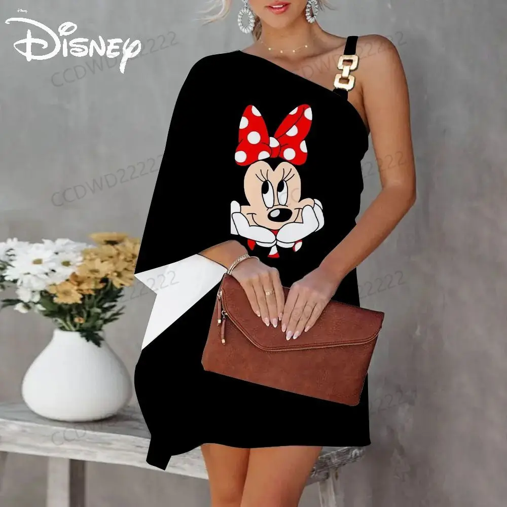 One-Shoulder Disney Dress Elegant Dresses for Women Diagonal Collar Mickey Minnie Mouse Evening Party Luxury Prom 2023 Sexy Mini