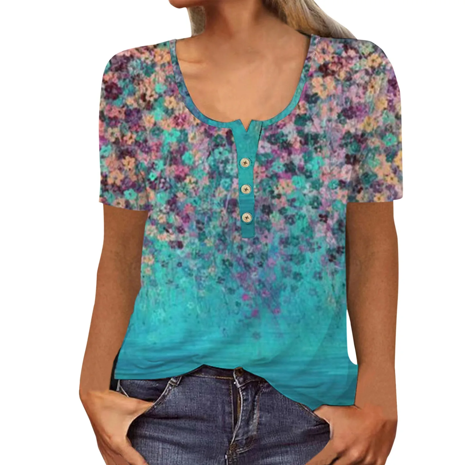 

Womens Fashion Casual Top U Neck Button T Shirts Short Sleeve Casual Loose T Shirts Top