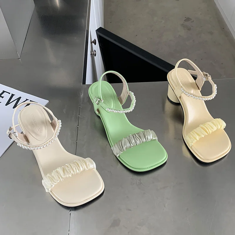 

Female Shoes For Women Pumps Sandals 2022 New Summer Peep Toe Casual Outside Slides Fashion Pearl Square Toe Ladies High Heels