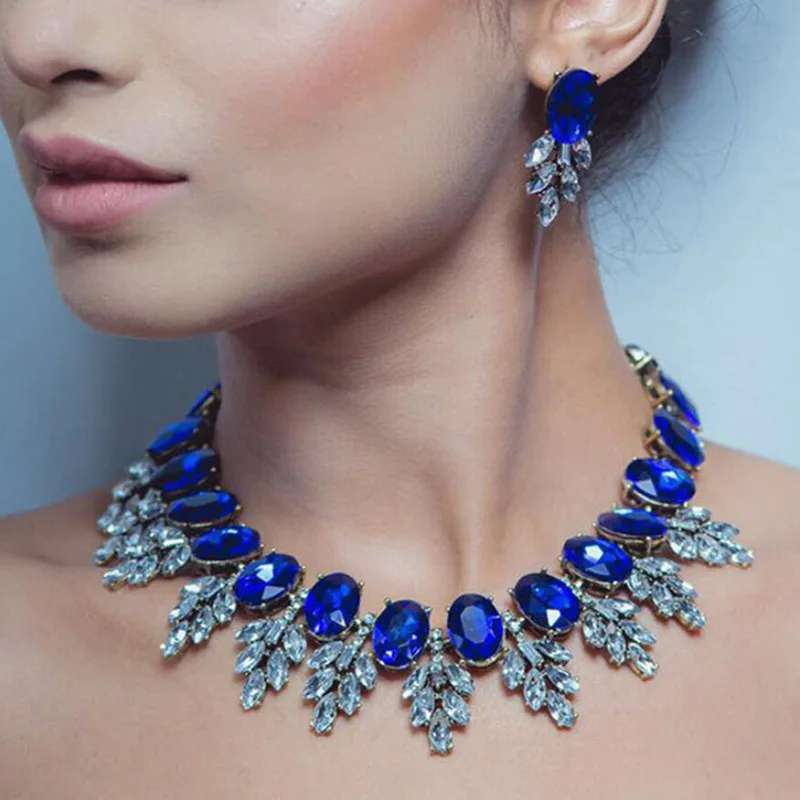 Multicolor Indian Kundan Jewellery Jewelry Set Statement Bridal Blue Gemstone Rhinestone Choker Necklace and Earrings for Women
