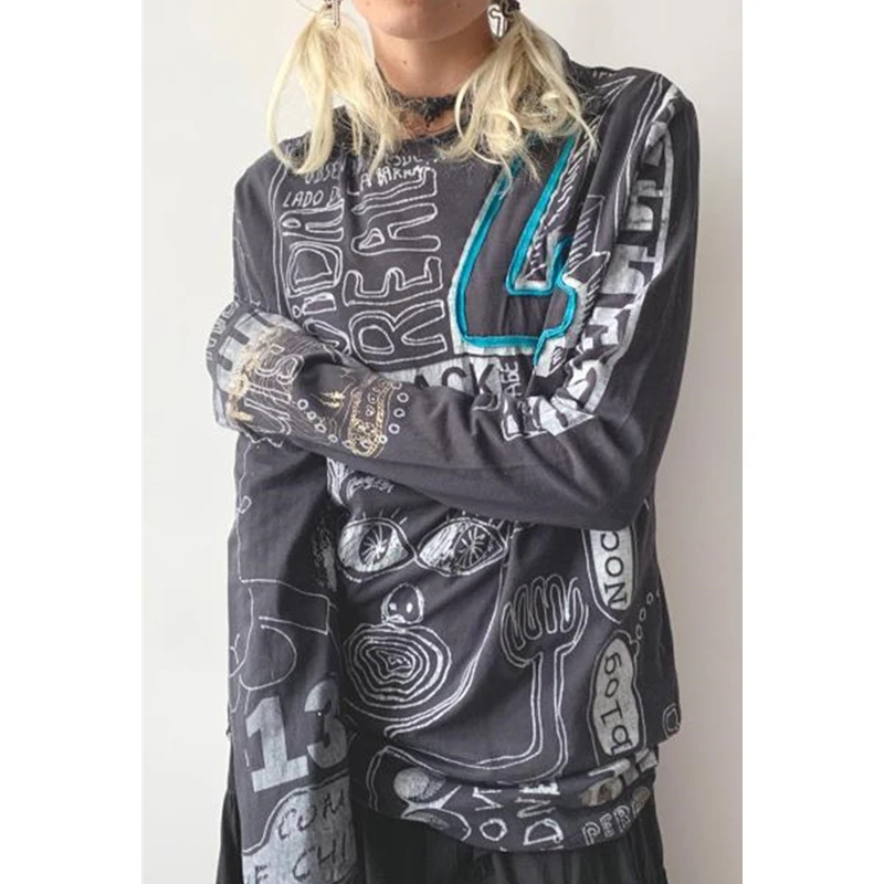 

Dourbesty 2000s гранж свободные футболки Y2k графический принт с буквами женские топы с круглым вырезом с длинным рукавом футболка осень 2000s футболки