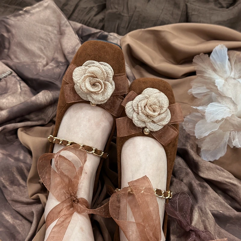 

Балетки женские с квадратным носком, бархатные туфли мэри джейн, шелковая лента, на шнуровке, элегантная обувь на плоской подошве, с цветочным узором, на День святого Валентина