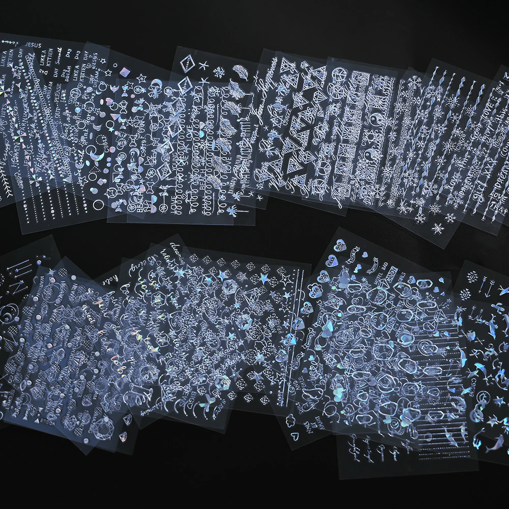 30 листов алмазный дизайн наклейки для ногтей лазерные Серебряные звезды сердце 5