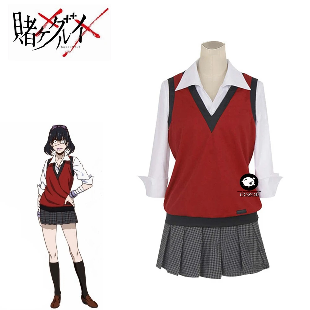 

Anime Kakegurui Midari Ikishima Cosplay Wigs Costumes School Girls Uniforms Vest Dress With Eye Mask&Socks