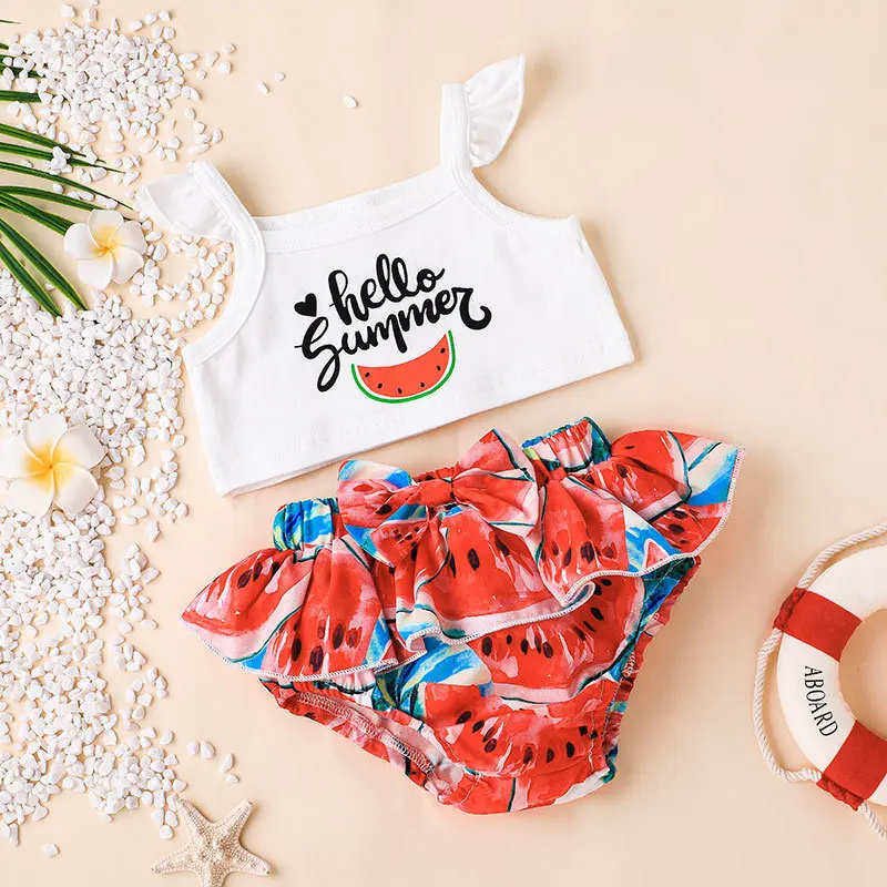 

Children Outfits Baby Girl Clothes Infant Letter Flying Sleeve Suspender Top + Print Bow Shorts 2pcs Set Toddler Clothing Sets