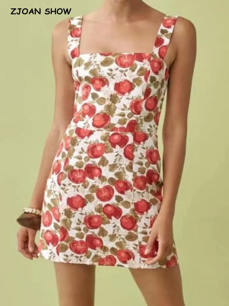 

Женское платье на бретельках-спагетти, красное платье во французском ретро-стиле с принтом томатов, эластичное мини-платье с рюшами на спин...