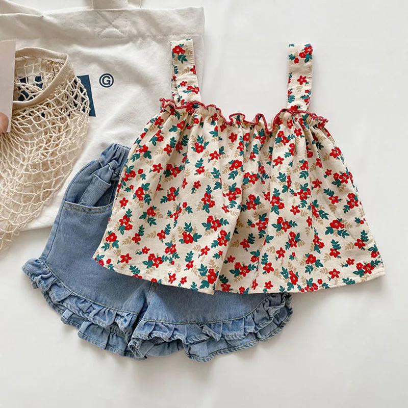 

Girl Set Flower Print Denim Shorts Set Summer 2022 New Fashion Comfortable Cotton Cute Square Collar Children's Clothing
