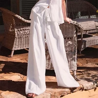 elegant women cotton linen wide leg pants casual elastic waist solid color loose fit spring summer clothes homewear vintage 2022