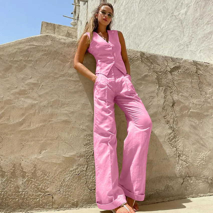 

Женский элегантный костюм из жилета с V-образным вырезом, Длинные прямые брюки, укороченный топ без рукавов, комплект из двух предметов, летняя женская облегающая уличная одежда для отдыха