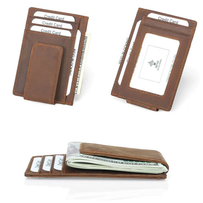 Mens RFID Safe Money Clip Front Pocket Wallet Minimalist Leather ID Card Holder with Super Strong Magnetic Clip Slim Card Wallet