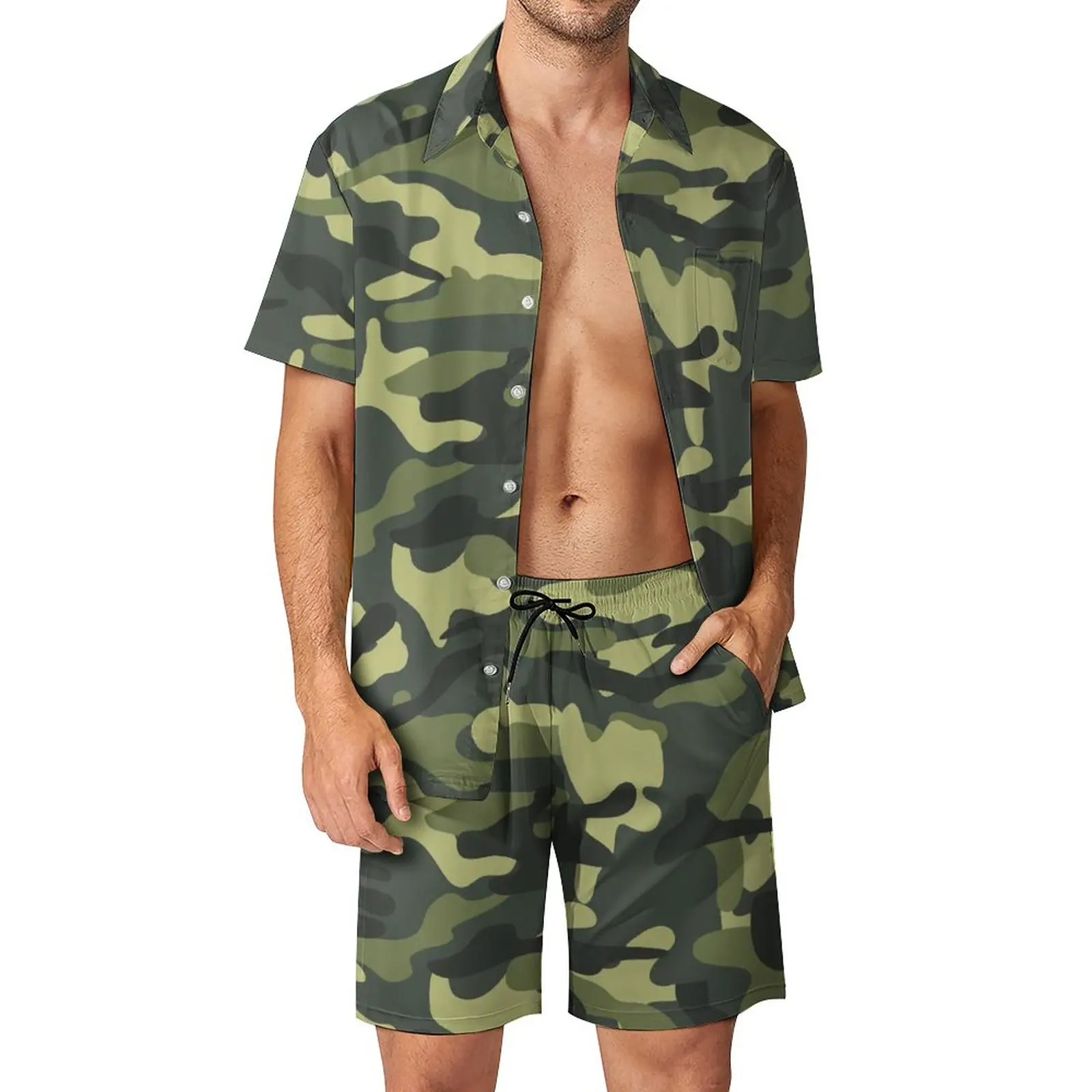 

Green Army Camo Men Sets Camouflage Design Pattern Casual Shorts Summer Retro Beach Shirt Set Short Sleeve Design Oversized Suit