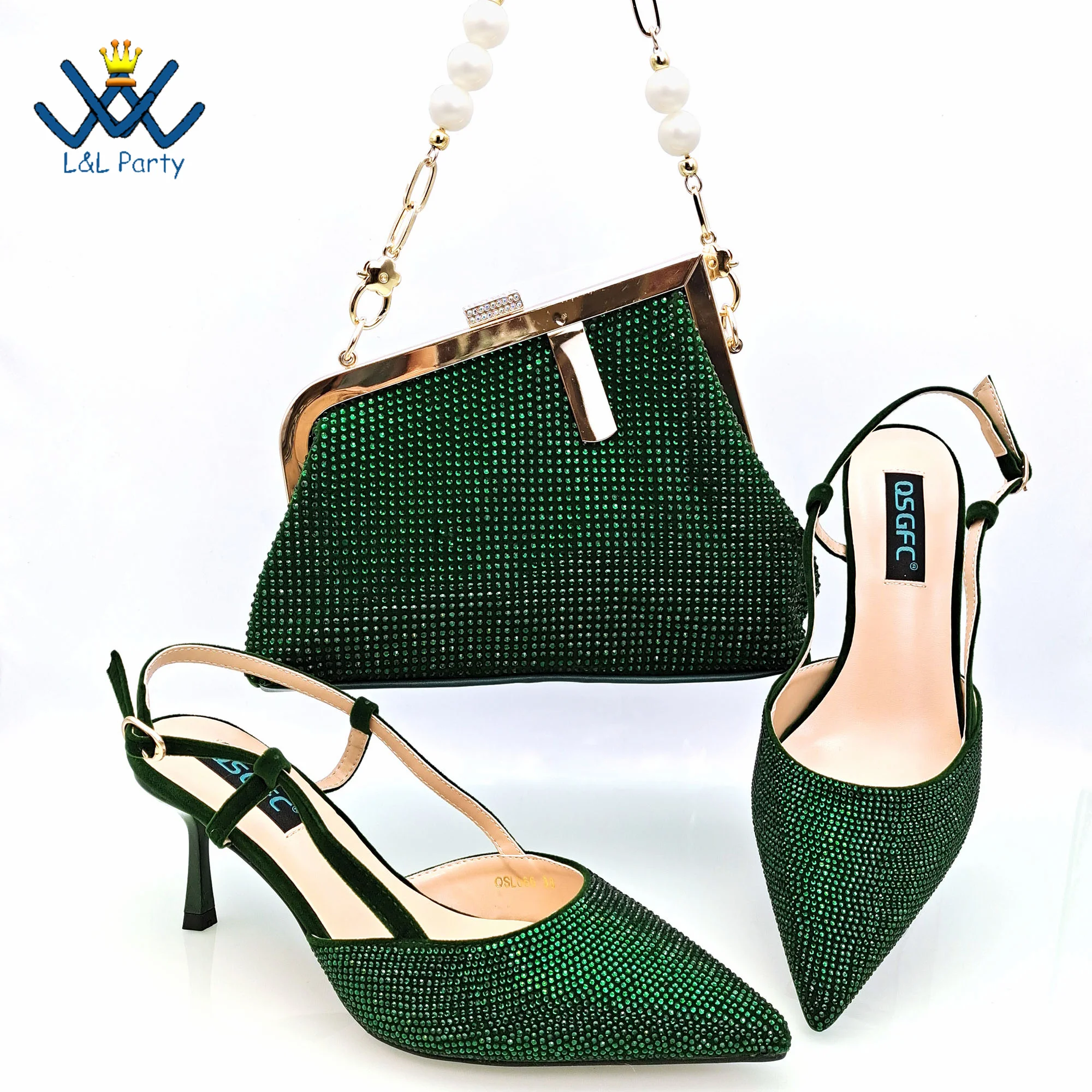 

SweetStyle New Arrivals Italian Women Shoes Matching Bag Set with Shinning Crystal with Thin Heels for Garden Party in Green