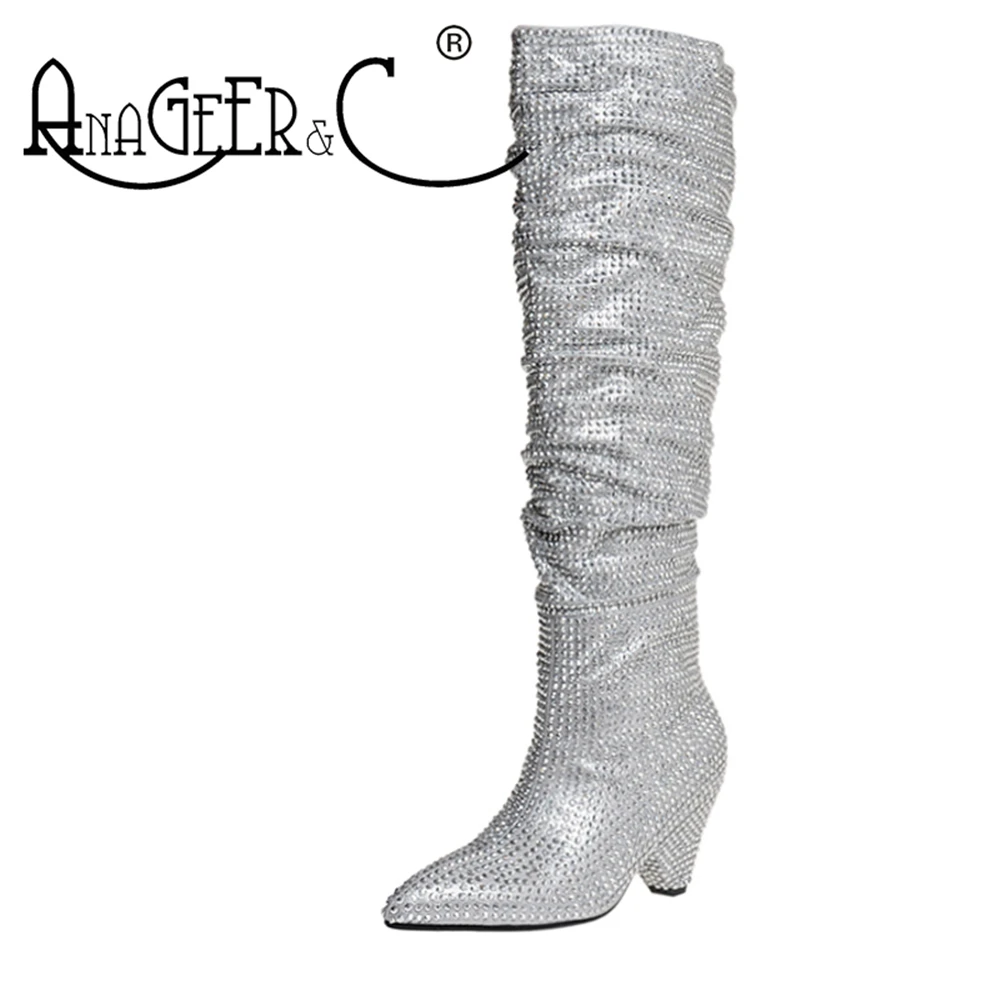 

Женские ботинки с острым носком ANAGEER & C, блестящие высокие ботинки на массивном каблуке, в западном стиле