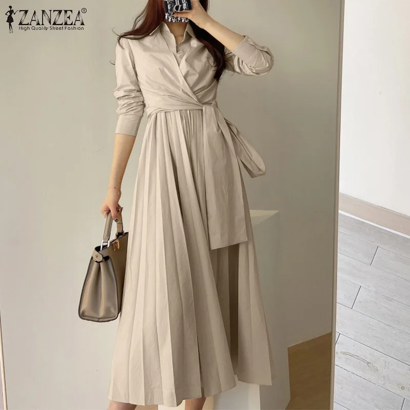 

Fashion Lapel Pleated Vestidos Women Casual Solid Midi Dress ZANZEA Vintage Long Sleeve Lace Up Sundress 2022 Oversize OL Robe