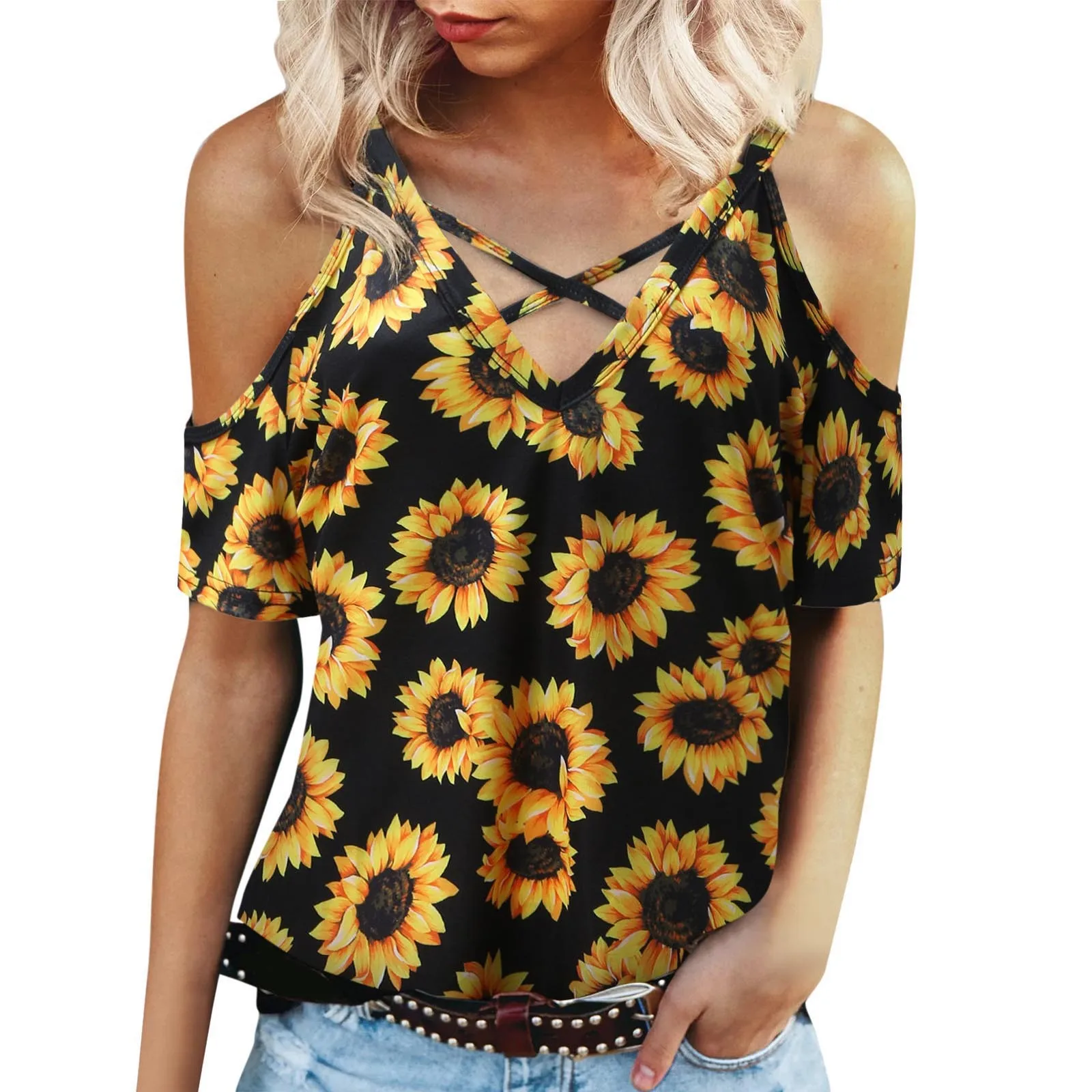 

Женская Футболка с принтом подсолнуха, Футболка на бретельках с V-образным вырезом и открытыми плечами, лето 2022