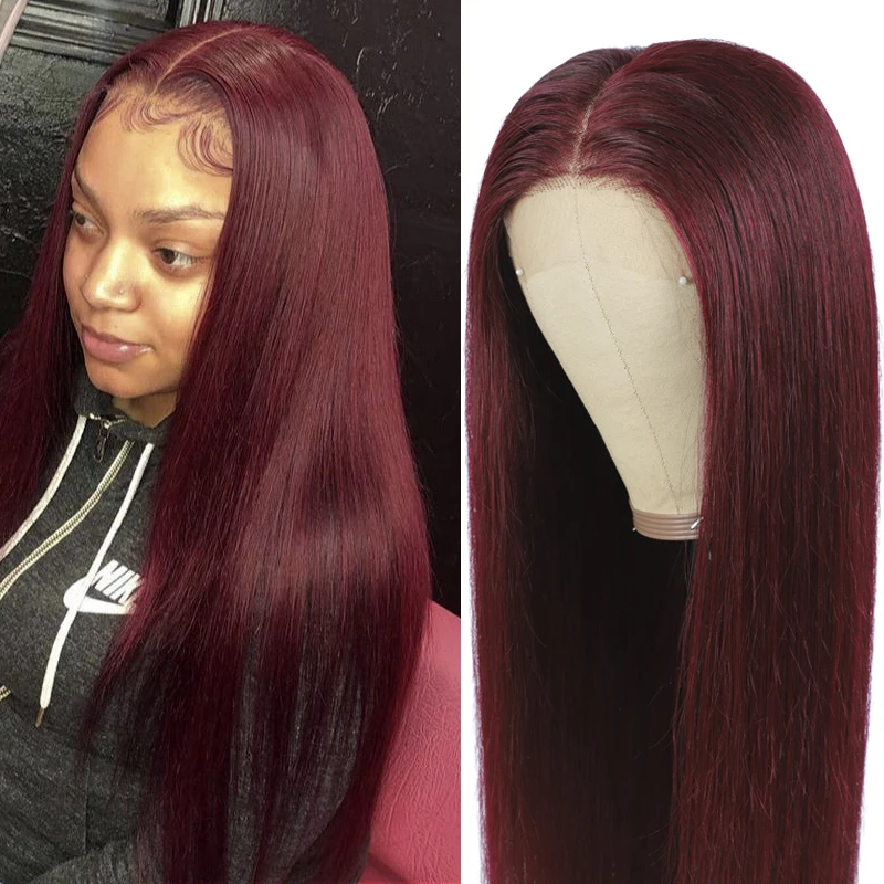 4X4 Lace Closure Human Hair Wigs 99J/Burgundy Colored Straight Lace Wigs Pre Plucked Brazilian Remy Hair Wig 150% Density
