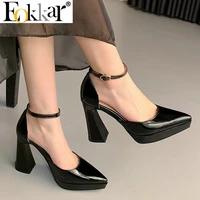 eokkar 2022 black patent leather pointed toe ankle strap pumps block high heel pumps white dorsay high heels sexy wedding pumps