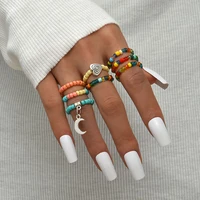8pcs summer crystal bead rings set for women bohemia colorful heart moon butterfly finger ring stretch rope 2022 fashion jewelry
