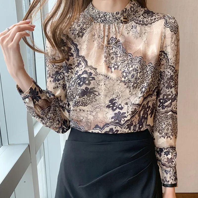 

Женская блузка, модная женская рубашка с полувысоким воротником, новинка 2022, женские свободные топы с длинным рукавом и принтом на весну, 11F