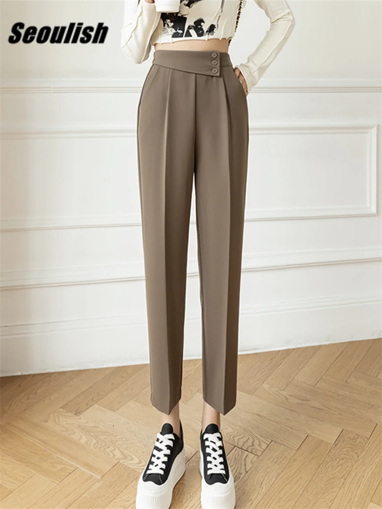 

Seoulish 2022 New Korean OL Style Women's Formal Harem Pants Button High Waist Elegant Office Ankle-Length Pants Pockets Khaki