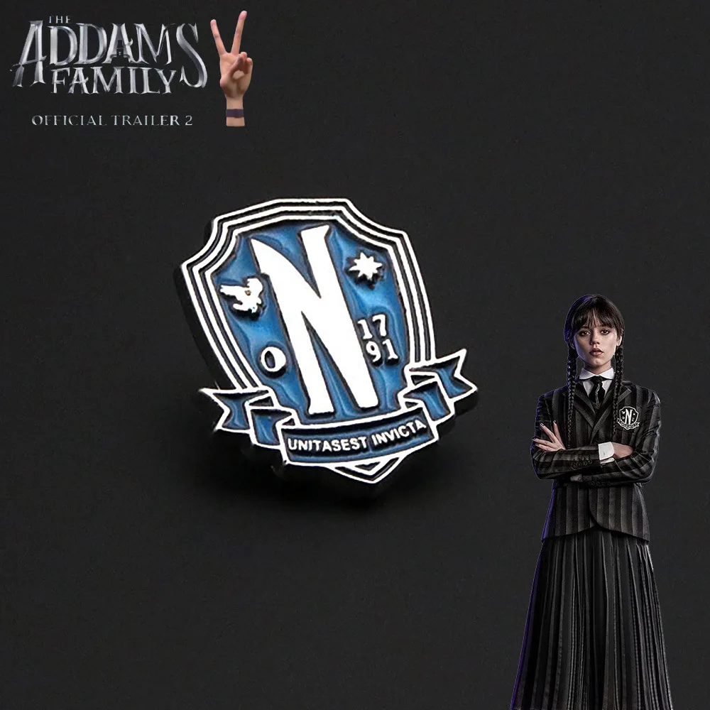 

Wednesday Addams Nevermore Academy Badge Brooch Wednesday School Shield NEVERMORE Pins Brooches for Women Men Lapel Pin Jewelry