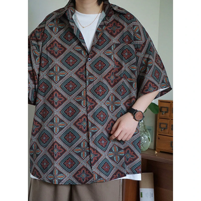 

2022 Summer Japan Kawaii Flower Plaid Button Up Shirt Hawaiian Beach Mens Short Sleeve Blouse Tops Oversized Streetwear Harajuku