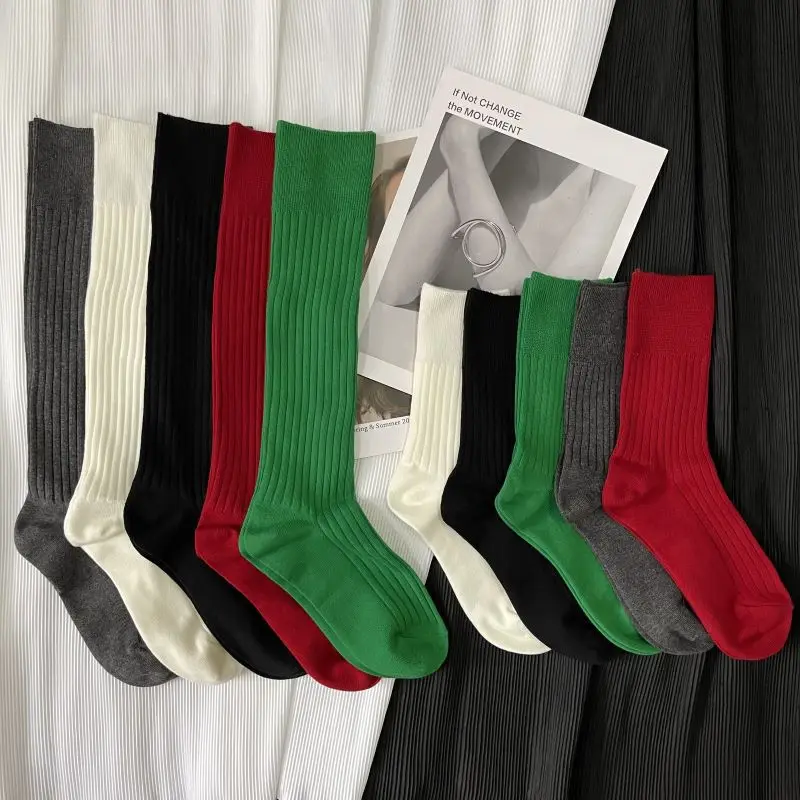 

Autumn and winter double needle high rubber band solid black and white Japanese long and short socks, pure cotton calf socks