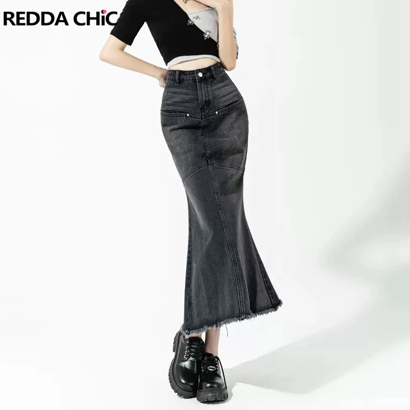 

REDDACHiC Acubi Fashion Women Midi Maxi Long Denim Skirt High Waist Fishtail Dress Jean Bottoms Black Vintage Y2k Streetweark