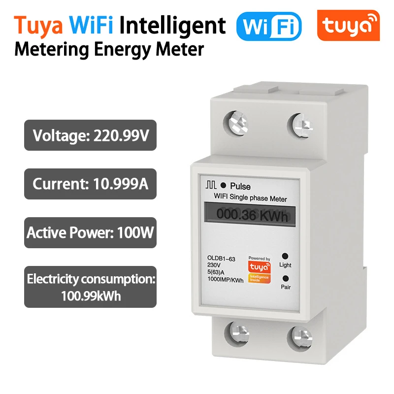 

Tuya WiFi Smart Metering Energy Meter Single Phase Guide Rail Energy Meter Power Consumption Kwh Meter Wattmeter LCD Display
