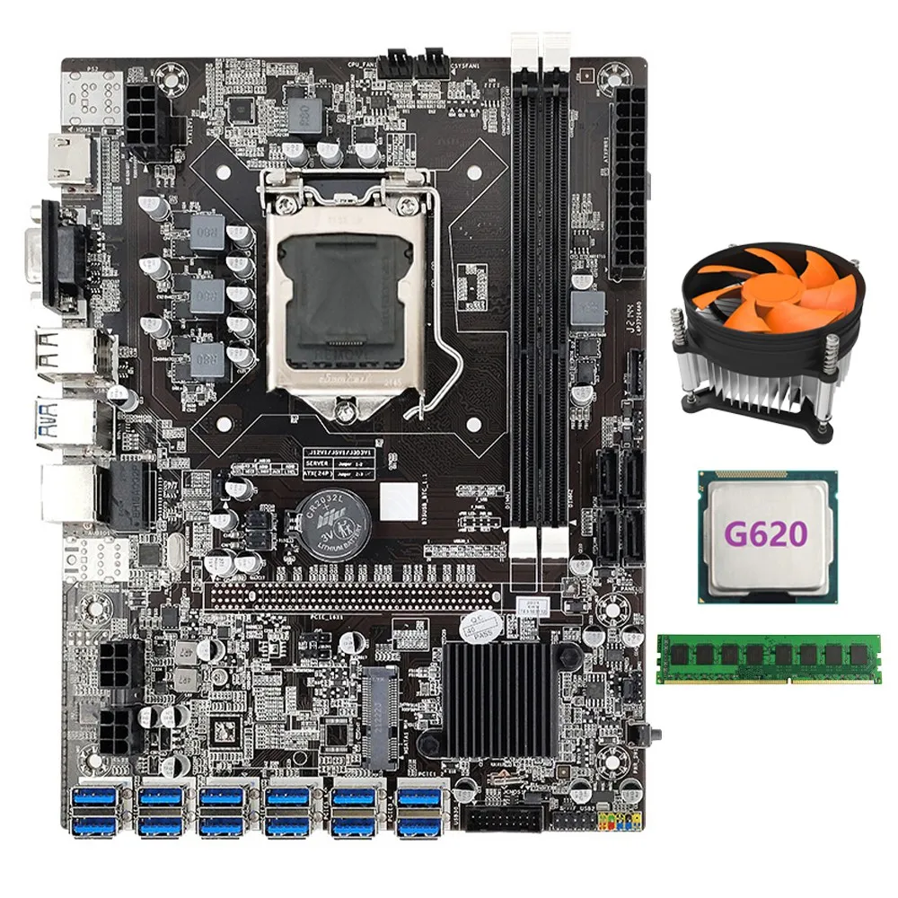 

B75 ETH Mining Motherboard 12XPCIE to USB Adapter+G620 CPU+DDR3 4GB 1333Mhz RAM+Cooling Fan B75 USB BTC Motherboard