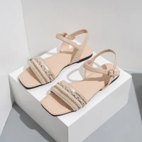 2021 women buckle print ankle wrap sandals woman sewing square toe flats female casual shoes ladies big size footwear 42