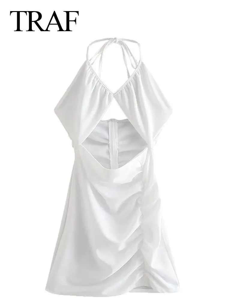 

TRAF New Pure White Low Cut Lace Up Halter Sexy Elegant Hollow Out Women's Dress Show Waist Smocked Tight Mini Lady Dress