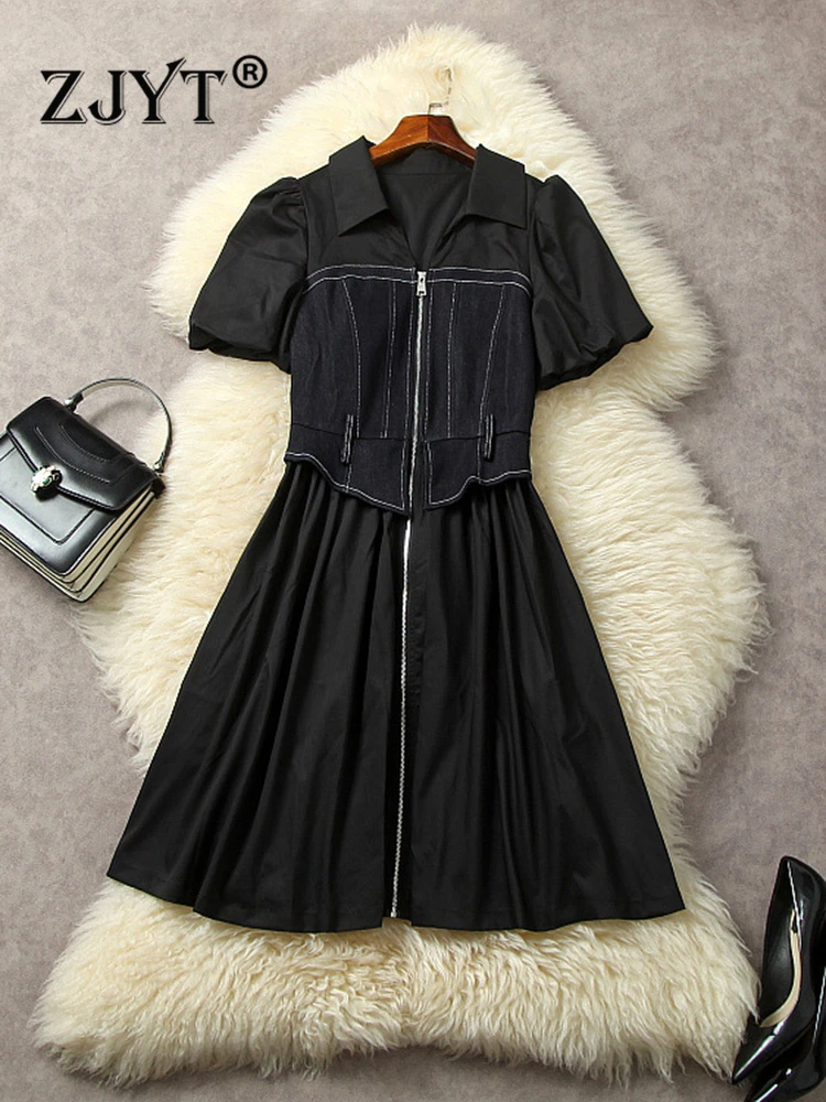 

ZJYT Fashion Denim Patchwork Mini Shirt Dress Summer Women 2023 Designer Puff Sleeve Casual Vestidos Above Knee Black Robe Femme