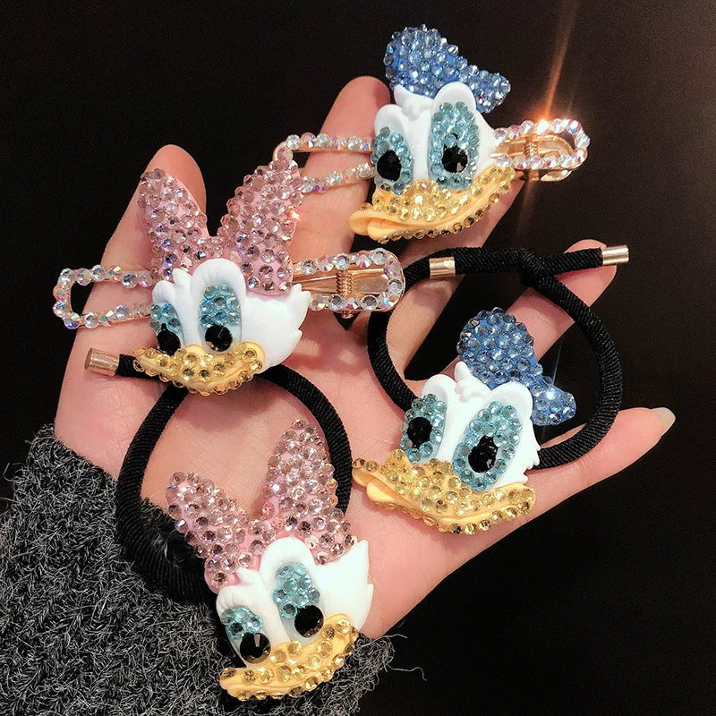 

2022 New Cute Cartoon Kawaii Hairpin Hair Rope Full of Diamond Hair Accessories Hair Headband Duck Beak Leather Band