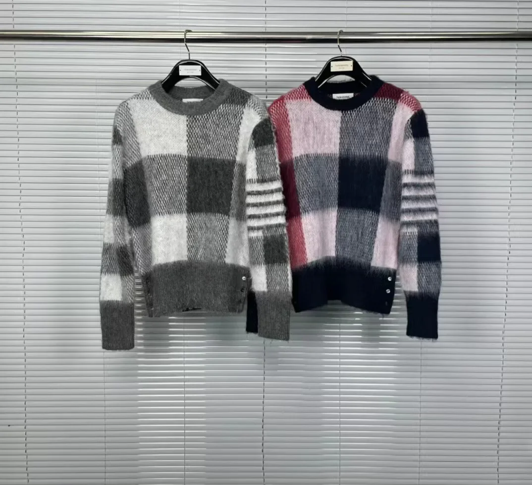 Tbangoras свитер с круглым вырезом в клетку полоску серый красный белый синий вязаный