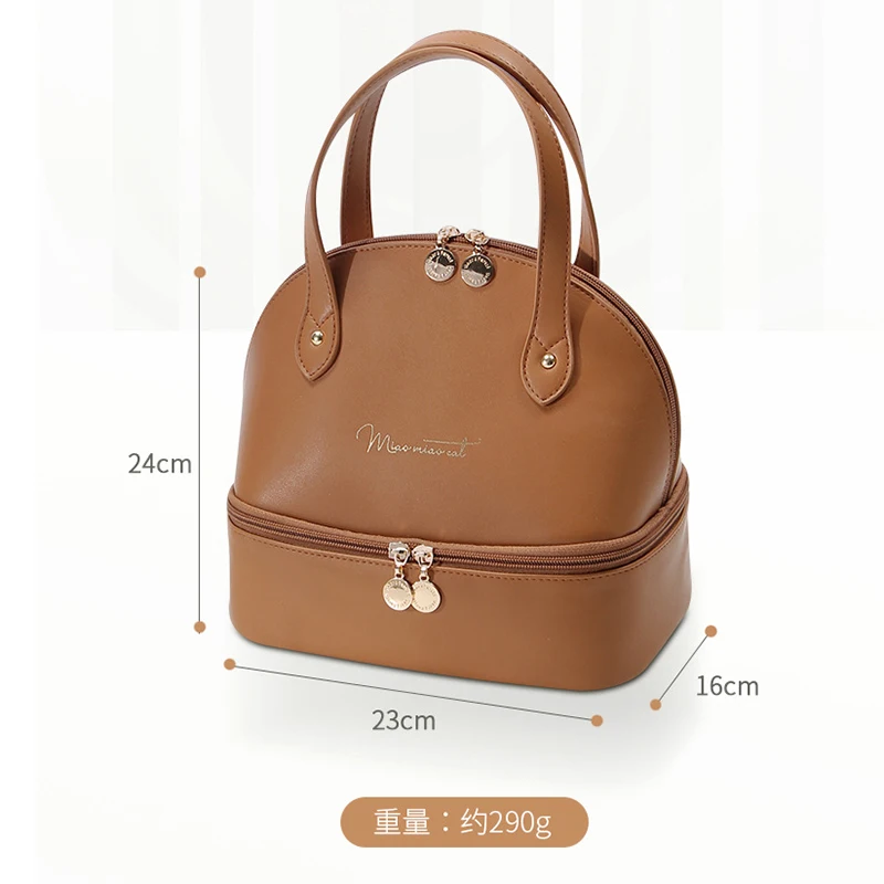 Portable Leather Insulated Lunch Bag Large Capacity Double Layer High Quality Thermal Lunch Bags Women Multifunction Food Bags images - 6