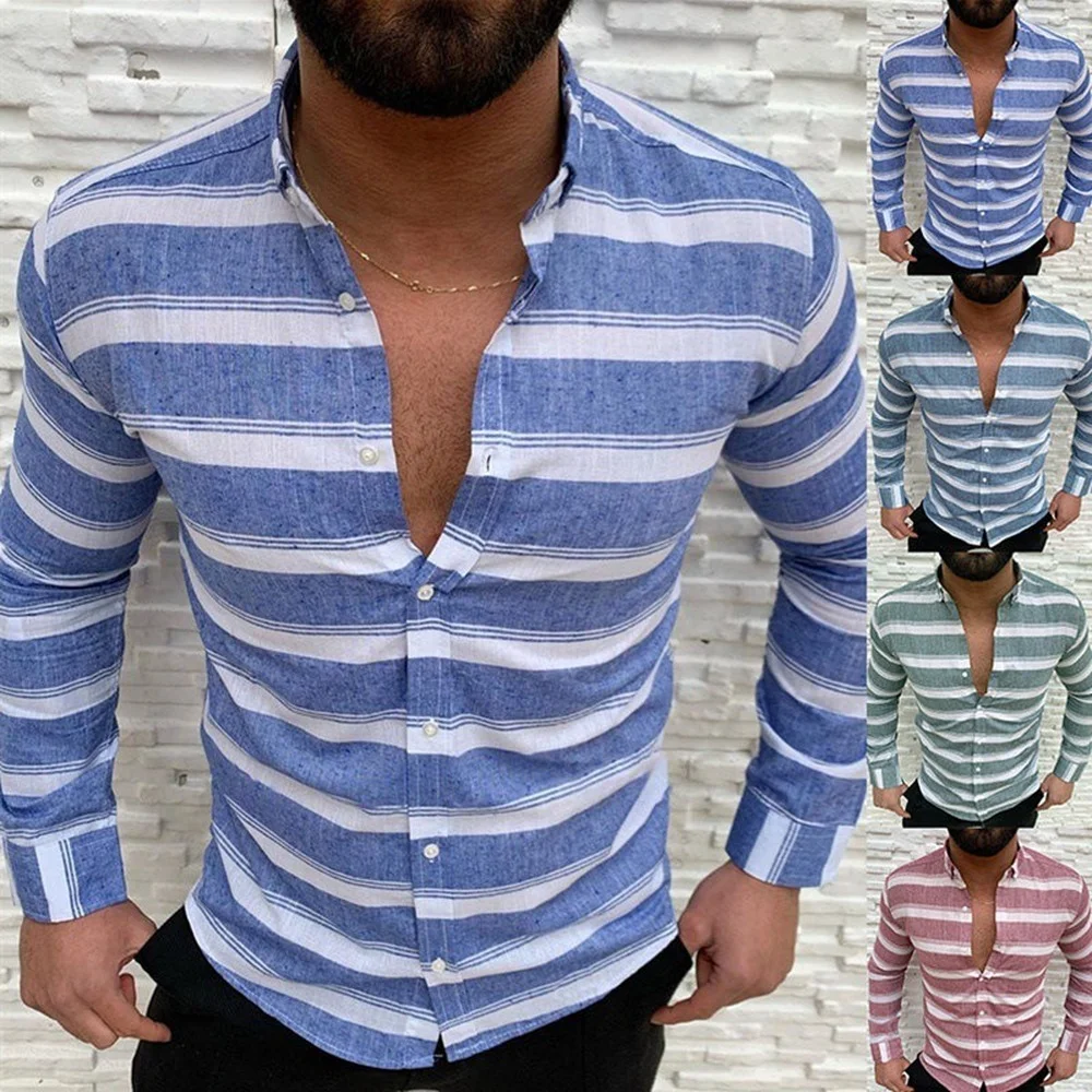

Casual Shirt Lapel Button Stripe Long Sleeves