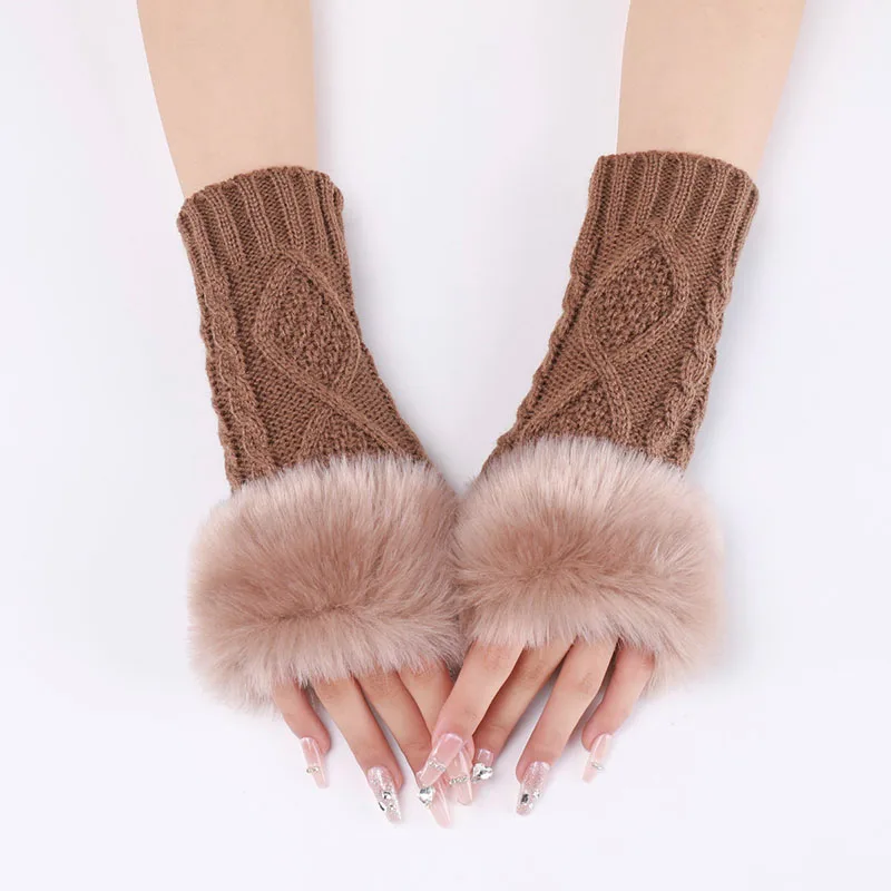 

Ladies Furry Arm Sleeves Faux Rabbit Fur Fingerless Gloves Winter Warm Knitted Mittens Woman Decorative Clothing Accessories
