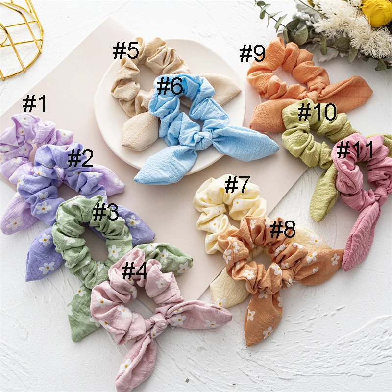 

20 Pcs/Lot, Daisy Floral Print Korea Fashion Cute Rabbit Ear Hair Scrunchies Elastic Hair Bands Ties Rope Bands Ponytail Bands